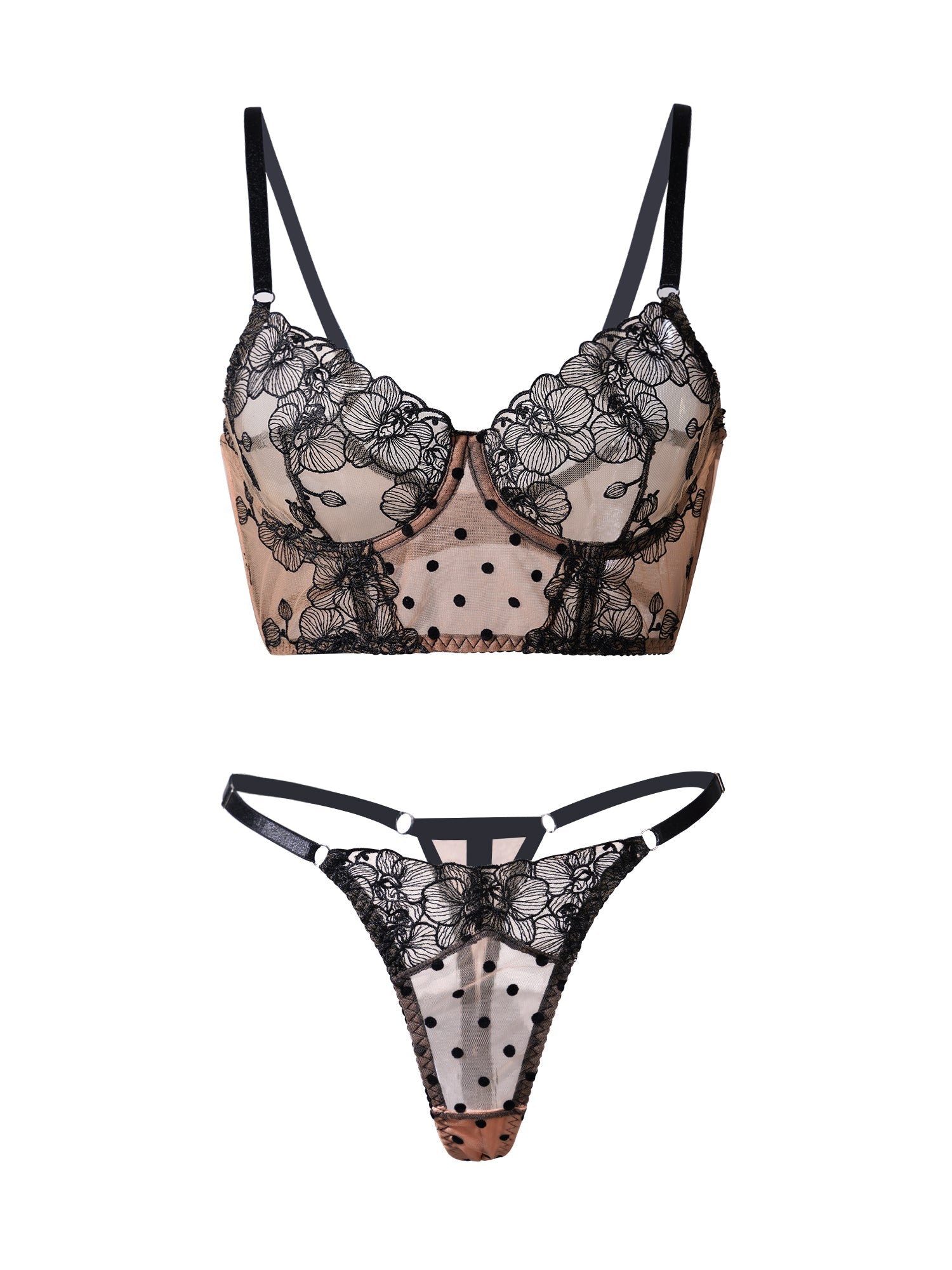 Black Lace Polka Dot Lingerie Set With Soft Cups And Straps Hello.LA.Girl
